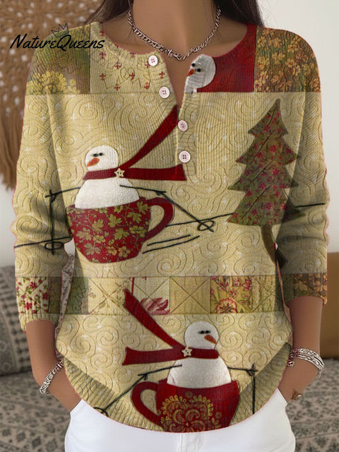 Women's Christmas Snowman Pattern Art Print Buttoned Cardigan Sweater