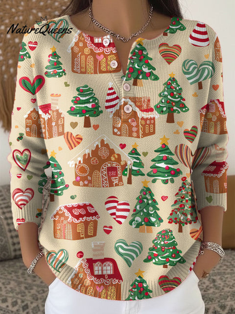 Women's Christmas Pattern Art Print Buttoned Cardigan Sweater