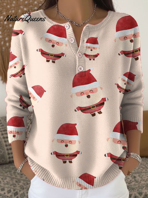 Women's Christmas Santa Pattern Art Print Buttoned Cardigan Sweater