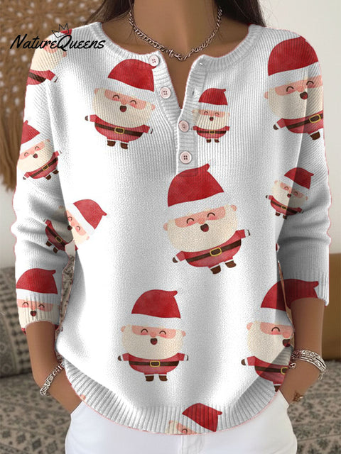 Women's Christmas Santa Pattern Art Print Buttoned Cardigan Sweater