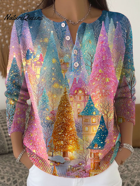 Women's Christmas Tree Art Print Buttoned Cardigan Sweater