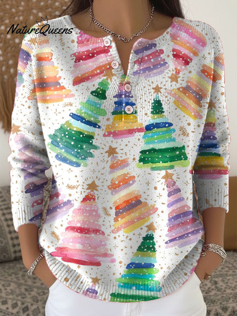 Women's Christmas Tree Art Print Buttoned Cardigan Sweater