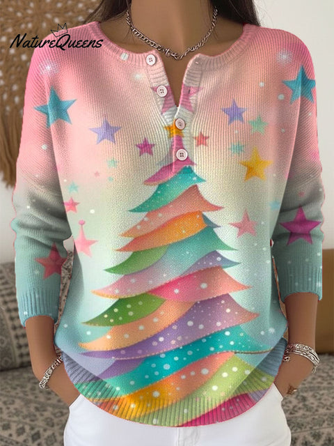 Women's Christmas Tree Art Print Buttoned Cardigan Sweater