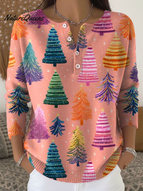Women's Christmas Tree Art Print Buttoned Cardigan Sweater