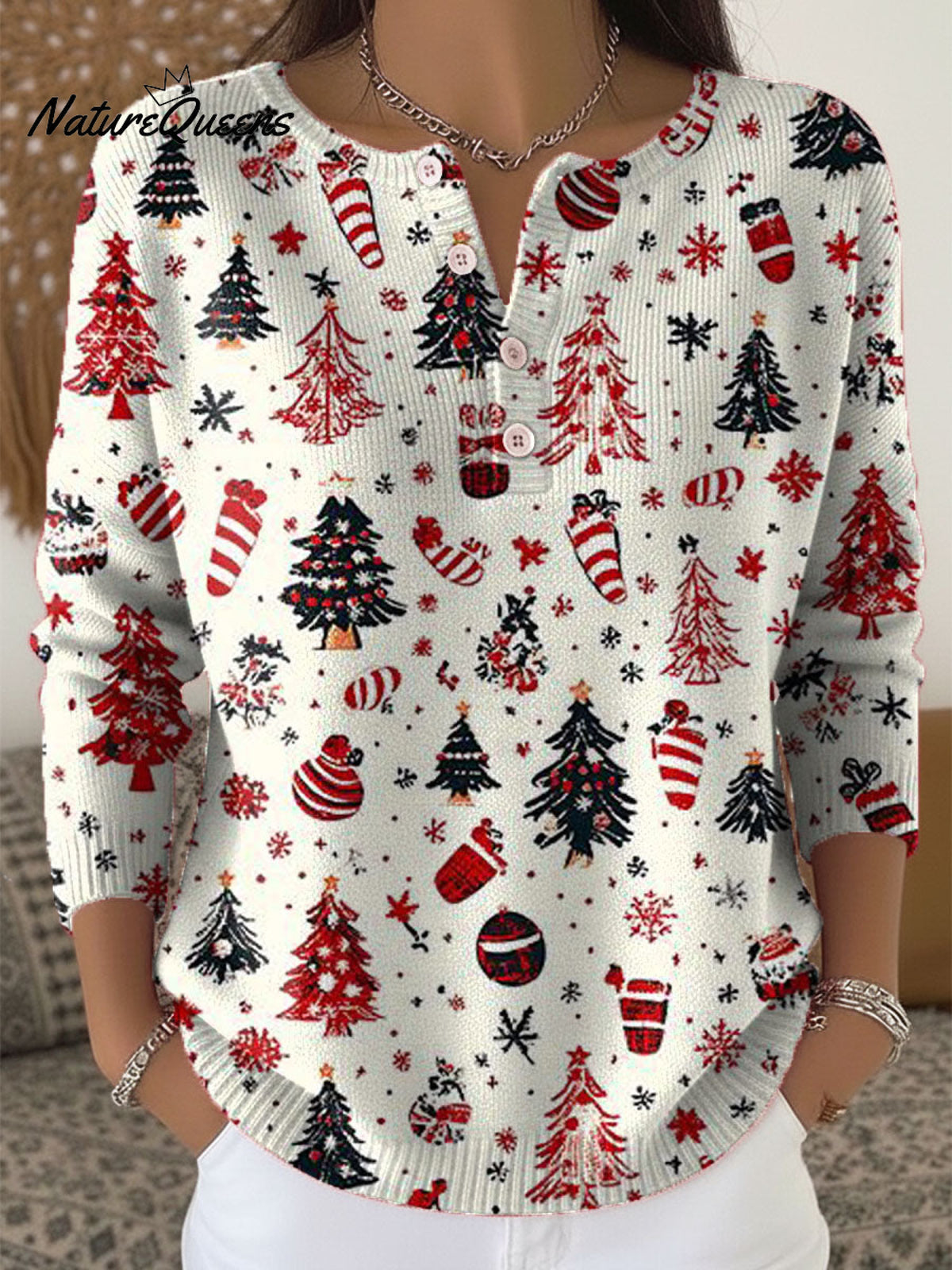 Women's Christmas Tree Art Print Buttoned Cardigan Sweater