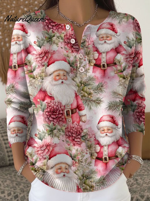 Women's Christmas Santa Art Print Buttoned Cardigan Sweater