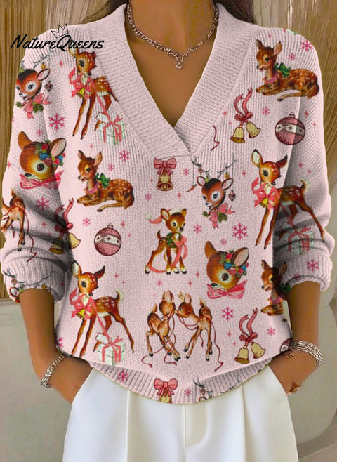 Women's Lovely Christmas Deer Art Print Buttoned Cardigan Sweater