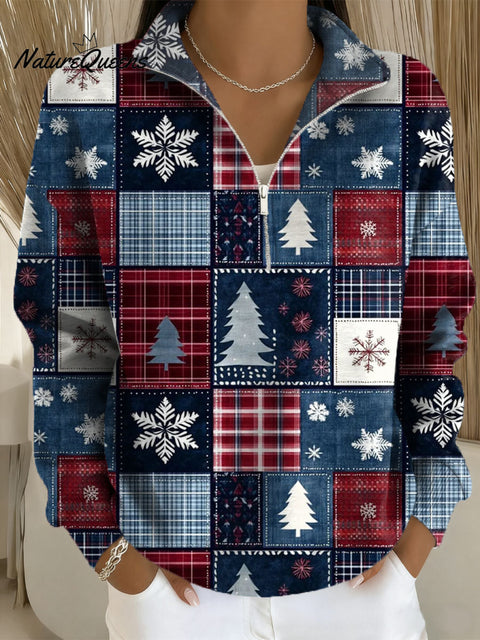 Women's Christmas Pattern Art Print Casual Long Sleeve Zip Sweatshirt