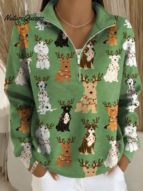 Women's Christmas Dogs Pattern Art Print Casual Long Sleeve Zip Sweatshirt