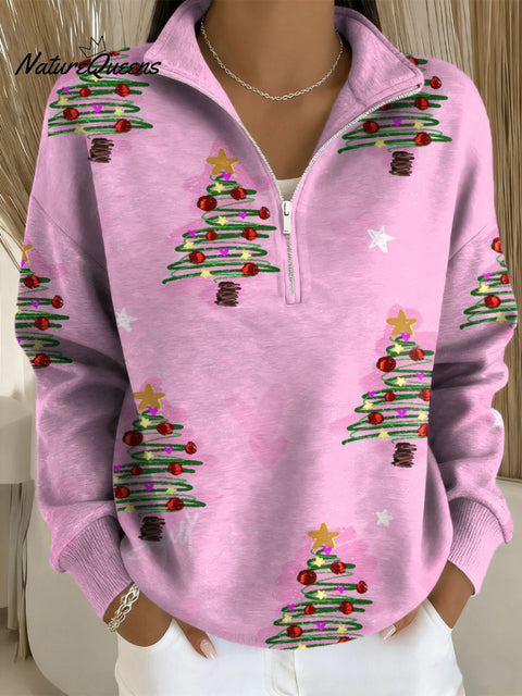 Women's Christmas Tree Pattern Art Print Casual Long Sleeve Zip Sweatshirt