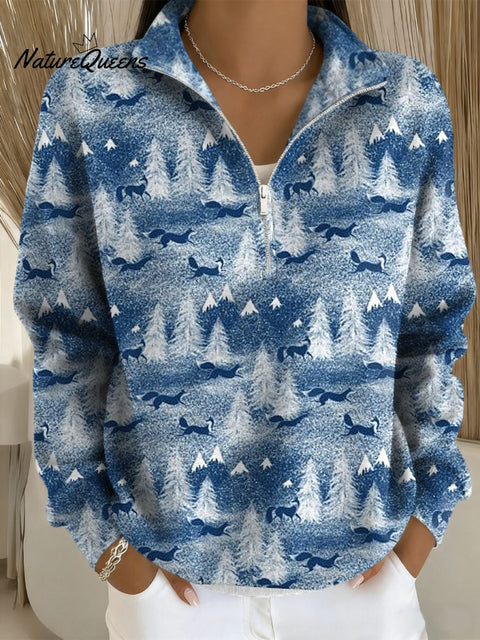 Women's Christmas Tree Fox Pattern Art Print Casual Long Sleeve Zip Sweatshirt