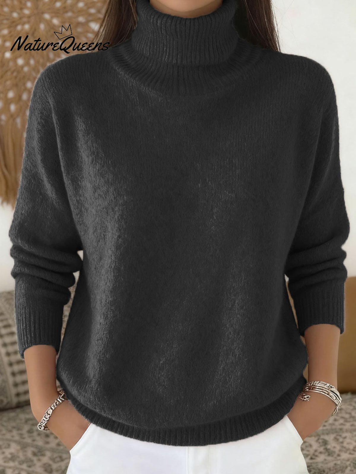 Women's Solid Color Casual Knit Turtleneck Pullover Sweater