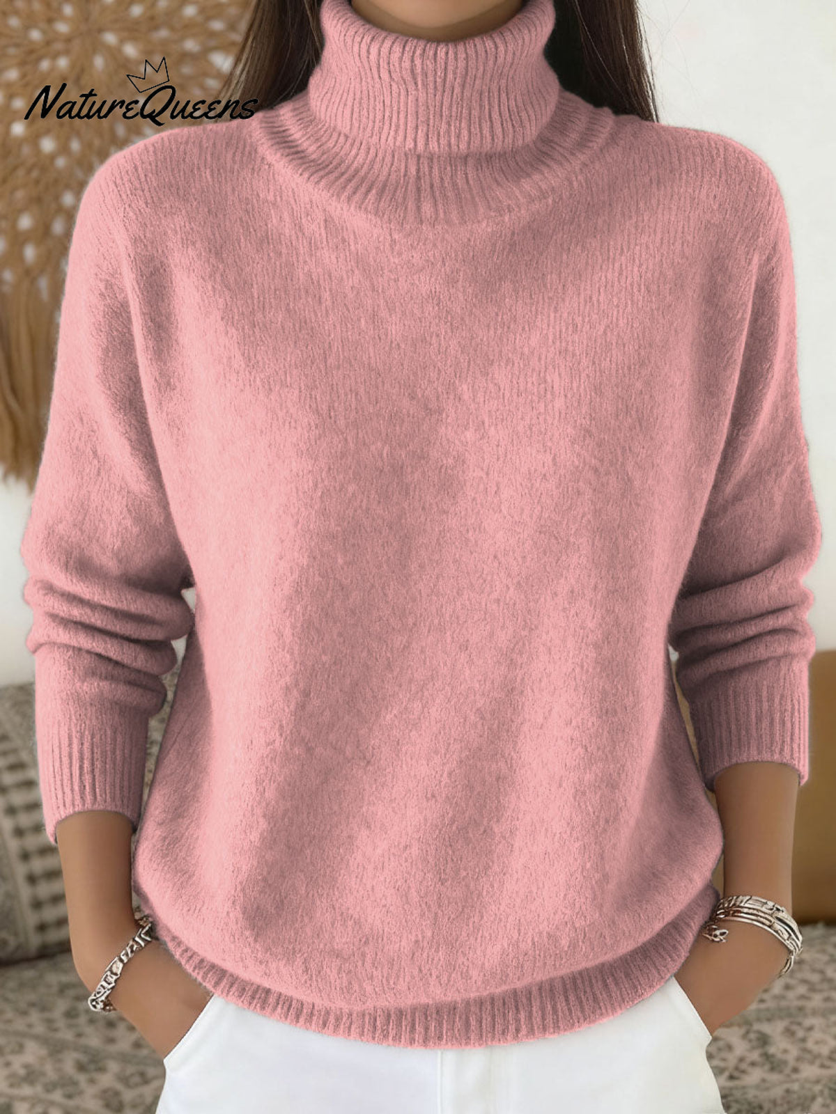 Women's Solid Color Casual Knit Turtleneck Pullover Sweater