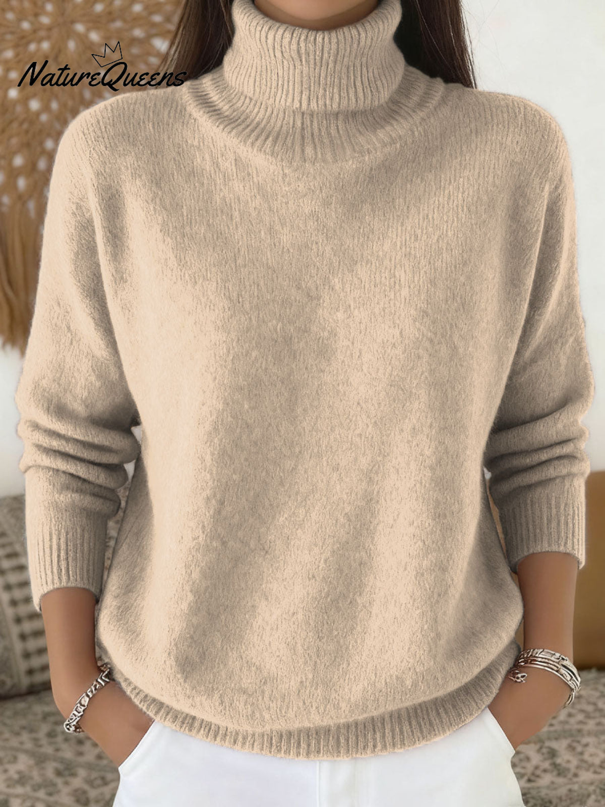 Women's Solid Color Casual Knit Turtleneck Pullover Sweater