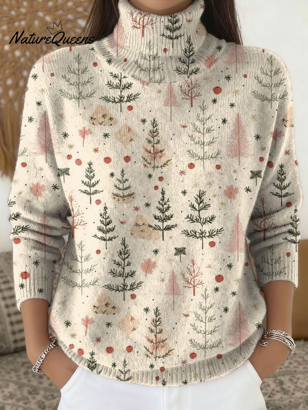 Women's Christmas Tree Art Print Knit Turtleneck Pullover Sweater