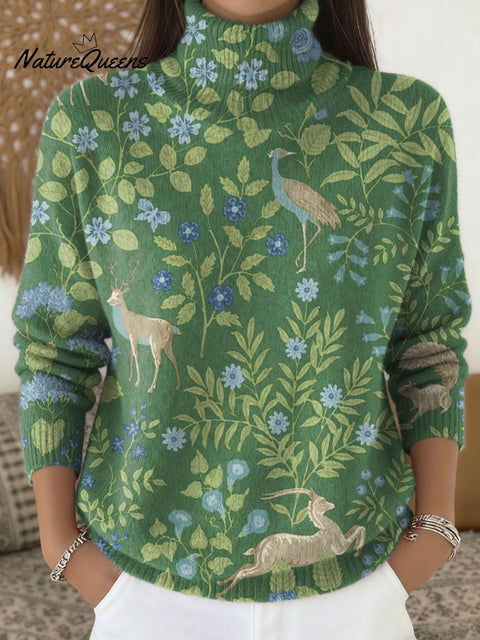 Women's Woodland Animals Art Print Casual Knit Turtleneck Pullover Sweater
