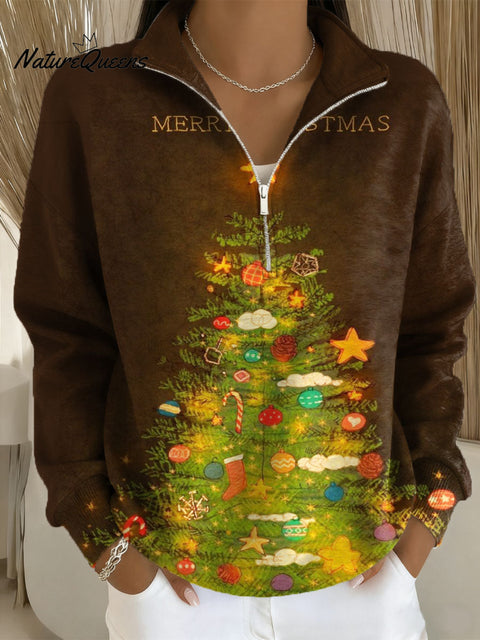 Women's Christmas Tree Pattern Art Print Casual Long Sleeve Zip Sweatshirt