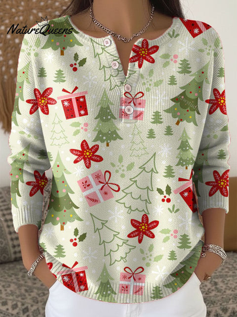 Women's Christmas Tree Art Print Buttoned Cardigan Sweater