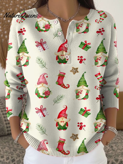 Women's Christmas Gnome Pattern Art Print Buttoned Cardigan Sweater