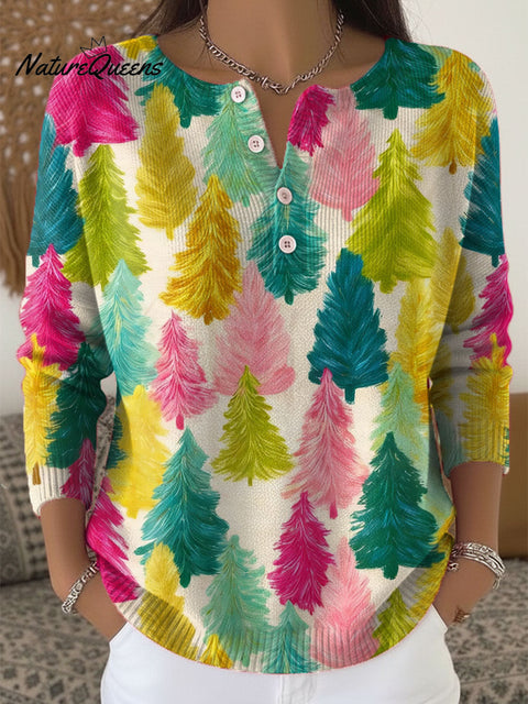 Women's Christmas Tree Art Print Buttoned Cardigan Sweater