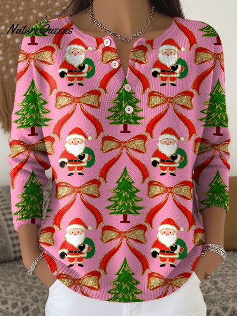 Women's Christmas Tree Santa Art Print Buttoned Cardigan Sweater