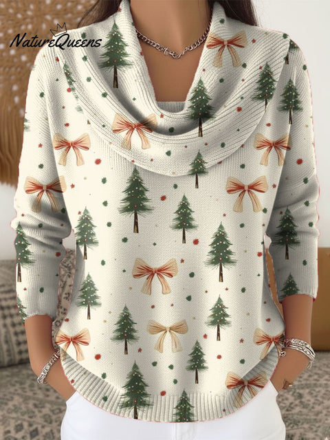 Women's Christmas Tree Art Print Cowl Neck Sweater