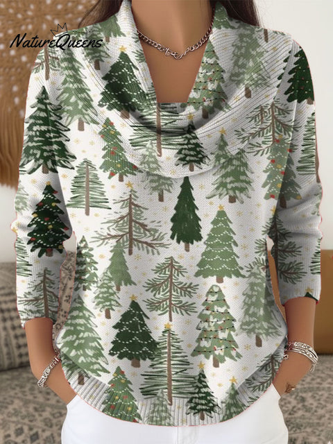 Women's Christmas Tree Art Print Cowl Neck Sweater