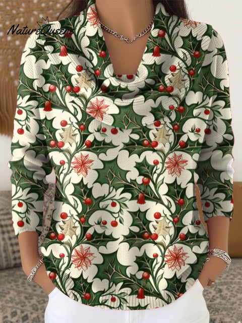 Women's Christmas Floral Pattern Art Print Cowl Neck Sweater