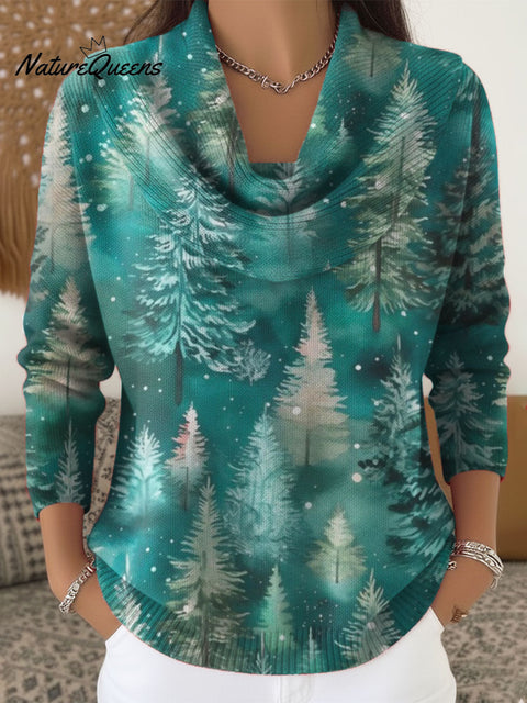 Women's Christmas Tree Art Print Cowl Neck Sweater
