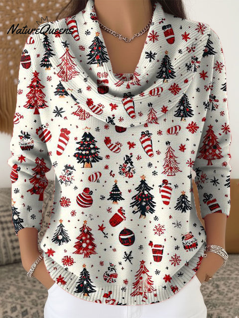 Women's Christmas Tree Art Print Cowl Neck Sweater