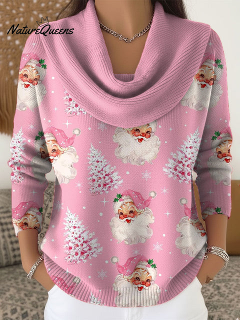 Women's Christmas Tree Santa Art Print Cowl Neck Sweater