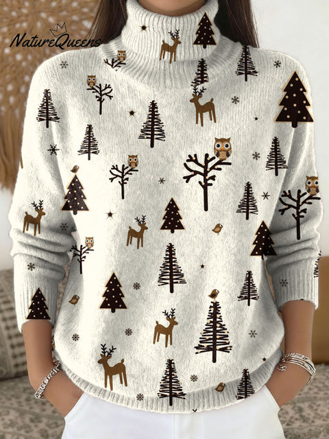 Women's Christmas Tree Pattern Art Print Knit Turtleneck Pullover Sweater