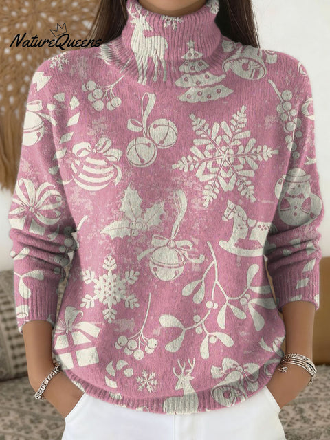 Women's Christmas Pattern Art Print Knit Turtleneck Pullover Sweater