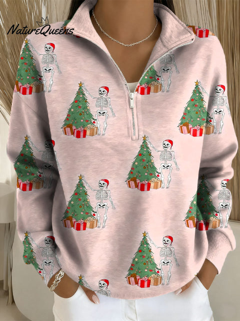 Women's Christmas Tree Art Print Casual Long Sleeve Zip Sweatshirt