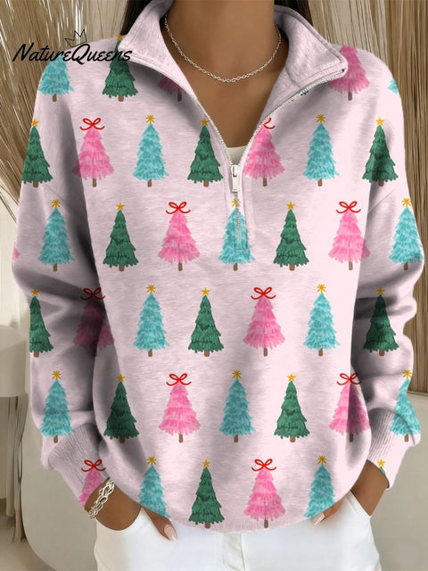 Women's Christmas Tree Art Print Casual Long Sleeve Zip Sweatshirt