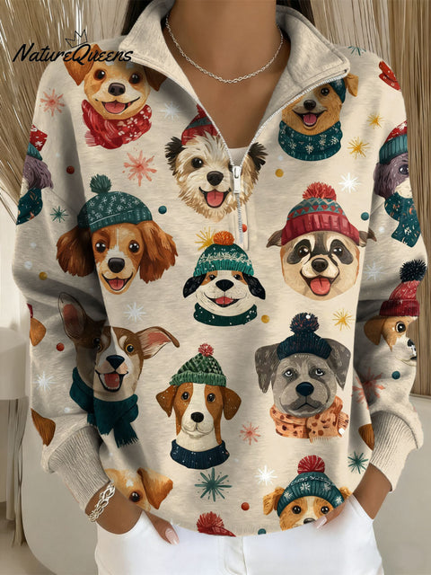 Women's Christmas Dogs Art Print Casual Long Sleeve Zip Sweatshirt