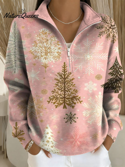 Women's Christmas Tree Pattern Art Print Casual Long Sleeve Zip Sweatshirt