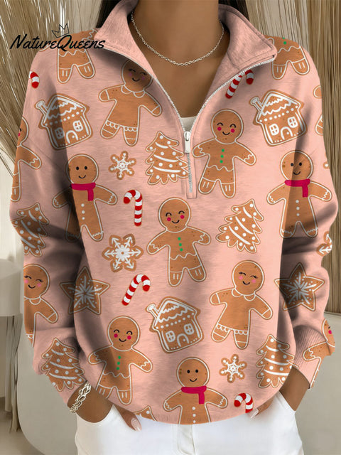 Women's Christmas Gingerbread Pattern Art Print Casual Long Sleeve Zip Sweatshirt