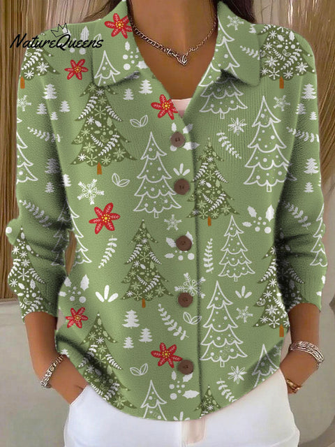 Women's Christmas Tree Art Print Casual Lapel Sweater