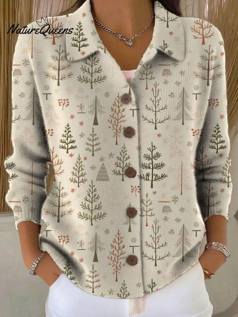 Women's Christmas Tree Art Print Casual Lapel Sweater