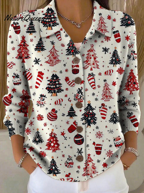 Women's Christmas Tree Art Print Casual Lapel Sweater