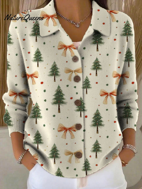 Women's Christmas Tree Art Print Casual Lapel Sweater
