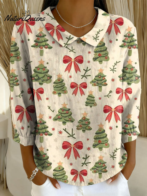 Women's Christmas Tree Art Print Casual Cotton And Linen 3/4 Sleeve Shirt
