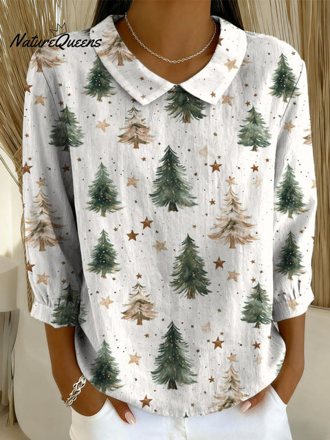 Women's Christmas Tree Art Print Casual Cotton And Linen 3/4 Sleeve Shirt