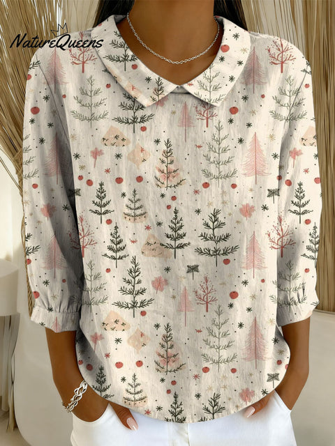 Women's Christmas Tree Art Print Casual Cotton And Linen 3/4 Sleeve Shirt