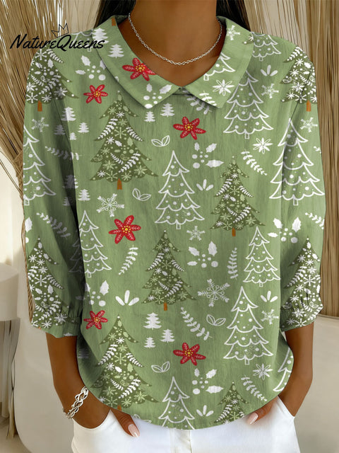 Women's Christmas Tree Art Print Casual Cotton And Linen 3/4 Sleeve Shirt