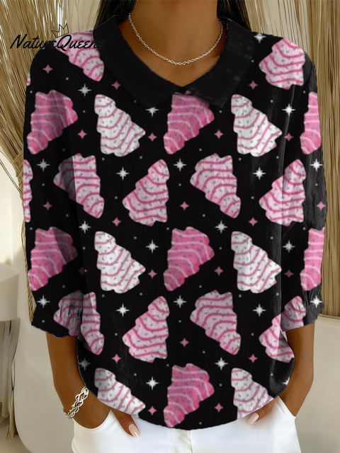 Women's Christmas Tree Art Print Casual Cotton And Linen 3/4 Sleeve Shirt