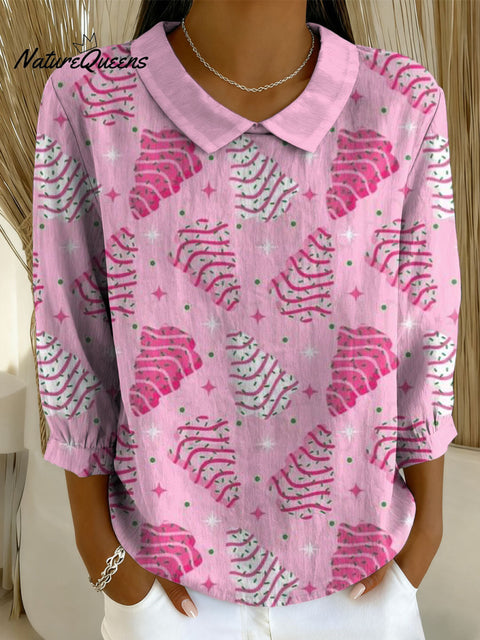 Women's Christmas Tree Art Print Casual Cotton And Linen 3/4 Sleeve Shirt