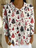 Women's Christmas Tree Art Print Casual Cotton And Linen 3/4 Sleeve Shirt