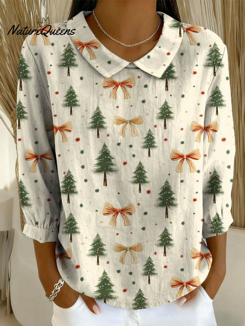 Women's Christmas Tree Art Print Casual Cotton And Linen 3/4 Sleeve Shirt